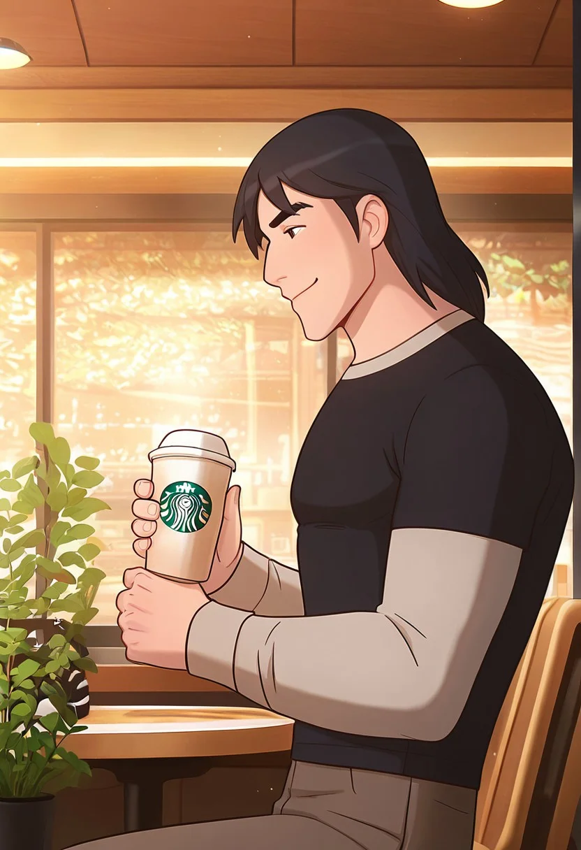 masterpiece, best quality, amazing quality, very aesthetic, absurdres, newest,
kevaf, black hair, 1boy, solo, black shirt, layered sleeves, short over long sleeves, thick eyebrows,
in cafe, side view, smile, holding cup, starbucks, modern cafe, shining light, soft palette, plants, modern cafe, smile