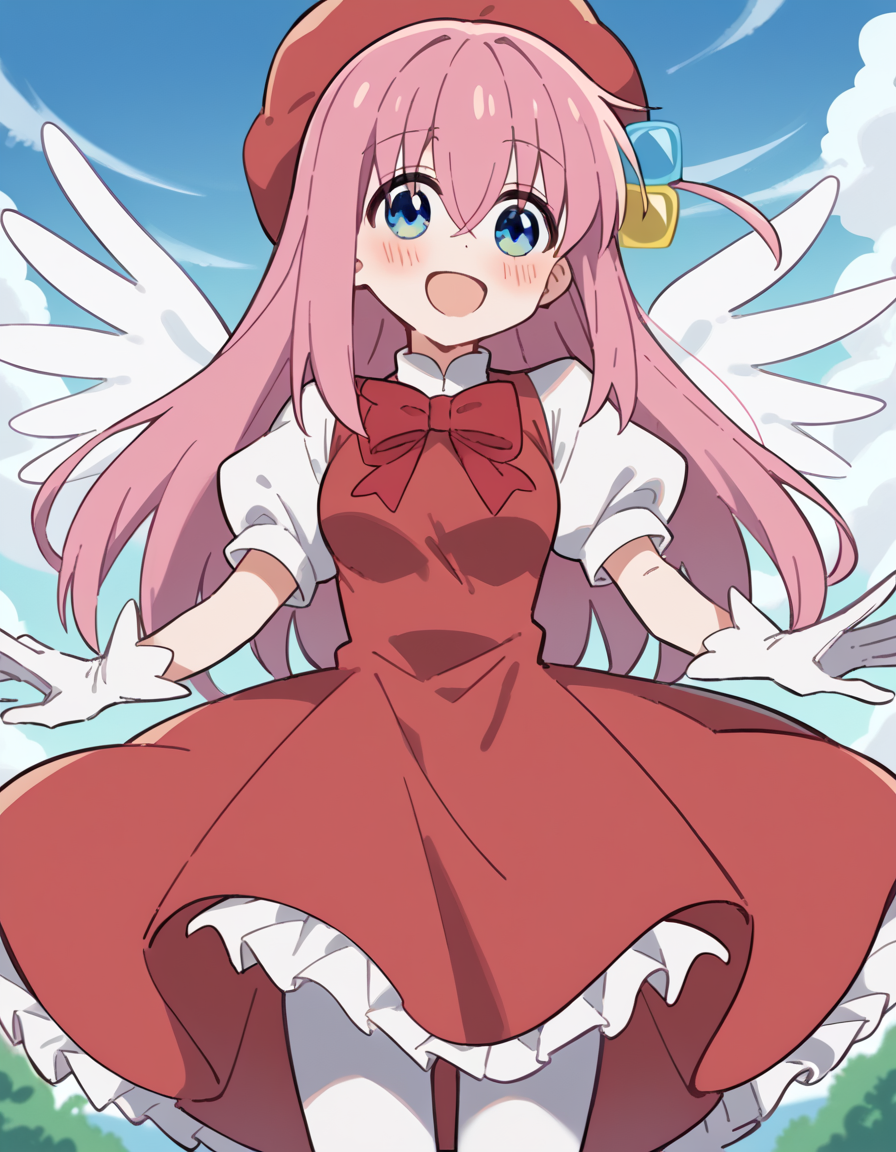 score_9, score_8_up, score_7_up, source_anime, hitorigotou, <lora:hitori-gotou-s1-ponyxl-lora-nochekaiser:1>, hitori gotou, blue eyes, cube hair ornament, hair between eyes, hair ornament, pink hair, one side up, long hair, medium breasts,, <lora:sakura-kinomoto-cosplay-ponyxl-lora-nochekaiser:1>, sakurakinomotocosplay, kinomoto sakura \(cosplay\), bow, bowtie, dress, gloves, hat, magical girl, pantyhose, petticoat, ppuffy short sleeves, puffy sleeves, red bow, red bowtie, red dress, red hat, short sleeves, white gloves, white pantyhose, white wings, wings,, outdoors, open mouth, blush, smile, flying,, cowboy shot, dutch angle, solo,