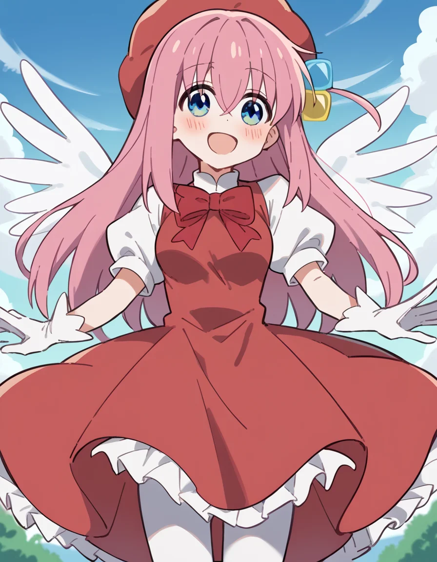 score_9, score_8_up, score_7_up, source_anime, hitorigotou, <lora:hitori-gotou-s1-ponyxl-lora-nochekaiser:1>, hitori gotou, blue eyes, cube hair ornament, hair between eyes, hair ornament, pink hair, one side up, long hair, medium breasts,, <lora:sakura-kinomoto-cosplay-ponyxl-lora-nochekaiser:1>, sakurakinomotocosplay, kinomoto sakura \(cosplay\), bow, bowtie, dress, gloves, hat, magical girl, pantyhose, petticoat, ppuffy short sleeves, puffy sleeves, red bow, red bowtie, red dress, red hat, short sleeves, white gloves, white pantyhose, white wings, wings,, outdoors, open mouth, blush, smile, flying,, cowboy shot, dutch angle, solo,