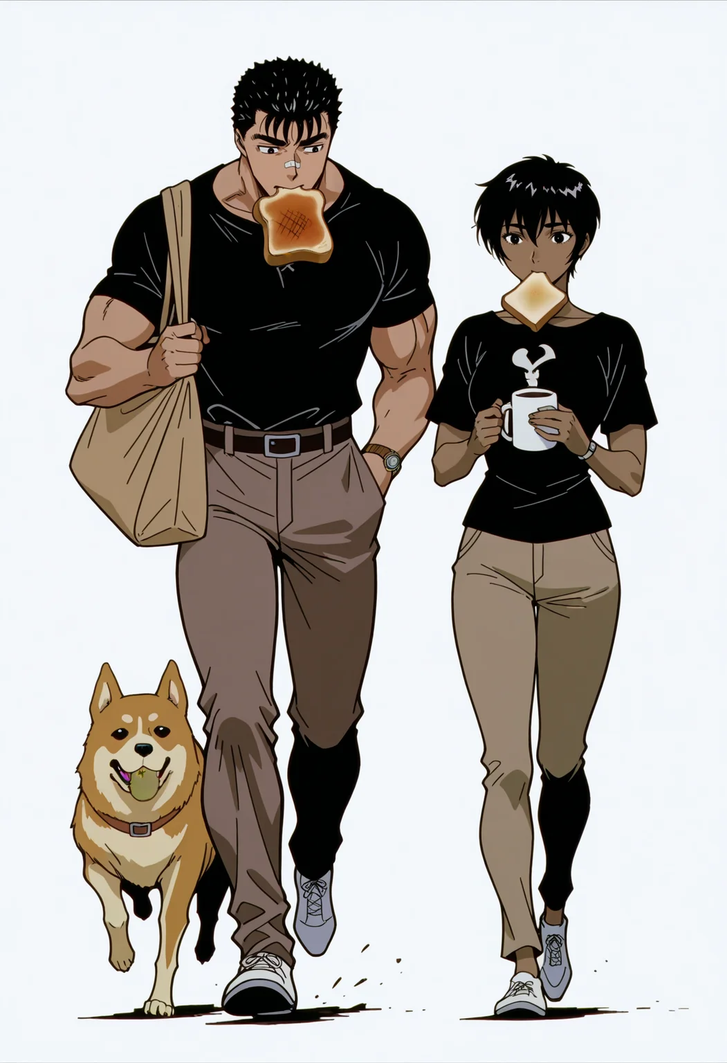 <lora:BerserkILLUSTRIOUS:1> berserk,
bread, 1boy, guts, 1girl, casca, dark-skinned female, short black hair, bread slice, food, toast, (dog:1.3), black hair, mouth hold, cup, pants, shirt, holding, white background, food in mouth, white footwear, toast in mouth, shoes, black shirt, bag, full body, solo, running, walking, watch, wristwatch, short sleeves, simple background, croissant, bandaid, animal, brown pants, mug, short hair, hand in pocket, bracelet, holding cup, carrying under arm