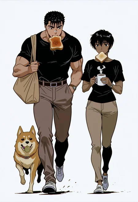 <lora:BerserkILLUSTRIOUS:1> berserk,
bread, 1boy, guts, 1girl, casca, dark-skinned female, short black hair, bread slice, food, toast, (dog:1.3), black hair, mouth hold, cup, pants, shirt, holding, white background, food in mouth, white footwear, toast in mouth, shoes, black shirt, bag, full body, solo, running, walking, watch, wristwatch, short sleeves, simple background, croissant, bandaid, animal, brown pants, mug, short hair, hand in pocket, bracelet, holding cup, carrying under arm