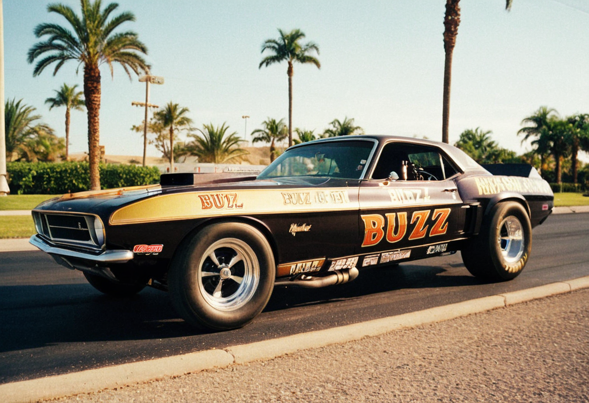 VintageMuscleCar, dragster, side view, road, palm trees, landscape, outdoors, 4K, highly detailed, (stylish grainy analog 35mm film photo, "BUZZ")