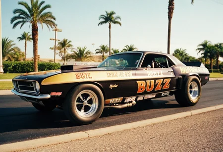 VintageMuscleCar, dragster, side view, road, palm trees, landscape, outdoors, 4K, highly detailed, (stylish grainy analog 35mm film photo, "BUZZ")
