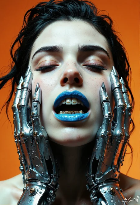 An extreme close-up captures a woman in visceral distress, her deathly pale skin contrasting violently against the gleaming silver robotic exoskeleton encasing her hands—fingers splayed like claws around her face in a silent scream. Electric blue lips peel back to reveal rows of gold-plated dental implants, each razor-sharp edge catching the light as her macabre grin stretches too wide, too unnatural. Her eyes remain tightly shut, as if refusing to witness her own transformation, while strands of asymmetrically styled dark hair cling to her forehead like cracks in porcelain. Above, a single overhead spotlight bathes her in an oppressive orange glow, deepening the hollows of her cheeks and the crevices of her exoskeleton into pools of shadow. The metal framing her jaw seems to pulse—alive, parasitic—as if it’s not just holding her, but rewriting her., fg<lora:Flux/Stylized-Super-Texture.safetensors:0.5000000000000001:0.5000000000000001> <lora:Flux/It's a LoRA for portraits, BUT! actually specialized in backgrounds. v1.0.safetensors:0.25000000000000006:0.25000000000000006> <lora:CustomFlux/MysticRealism.safetensors:0.7500000000000001:0.7500000000000001>
