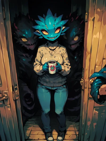 score_9, score_8_up, score_7_up, score_6_up, monster, smile, <lora:cr33pp41ntXLP:1> cr33pp41nt, dark, doorway, curvy, sweater, jeans, monster, holding cup,