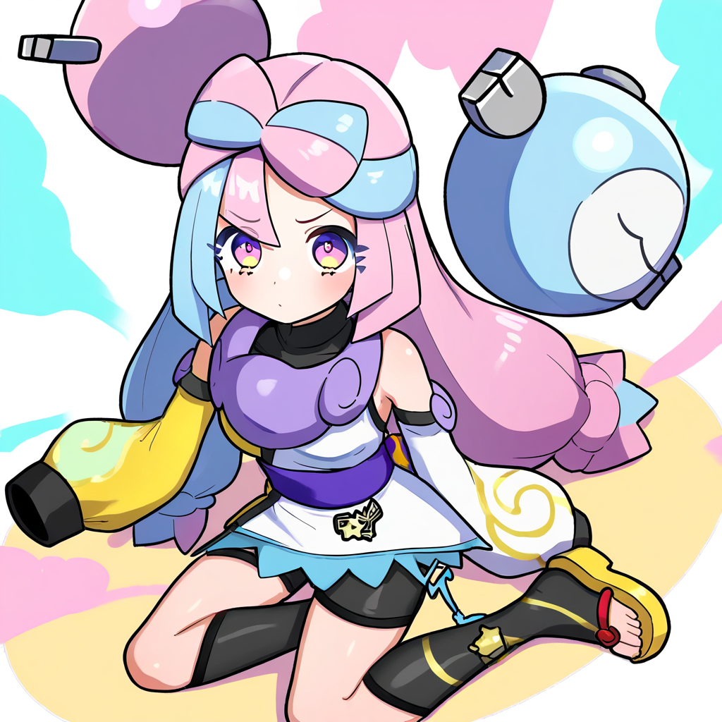2d, masterpiece, best quality, amazing quality, highres, absurdres, newest, 1girl, solo, sitting, yokozuwari, from above, dutch angle, looking at viewer, multicolored background, simple background, colorful background, medium breasts, sygiono, def colors,  purple hair, blue hair, purple eyes, bow-shaped hair, low-tied long hair, character hair ornament, black shirt, sleeveless dress, two-tone dress, white dress, yellow dress, detached sleeves, yellow sleeves, white, sleeves, purple collar, bare shoulders, sleeves past fingers, oversized clothes, purple sash, black shorts, toeless legwear, black legwear, kneehighs, sandals, yellow footwear, knees