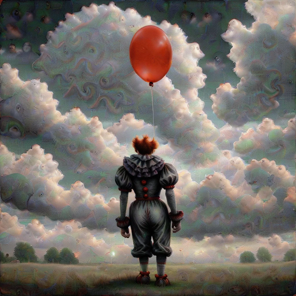 <lora:DeepDream2:1>  pennywise,  clouds