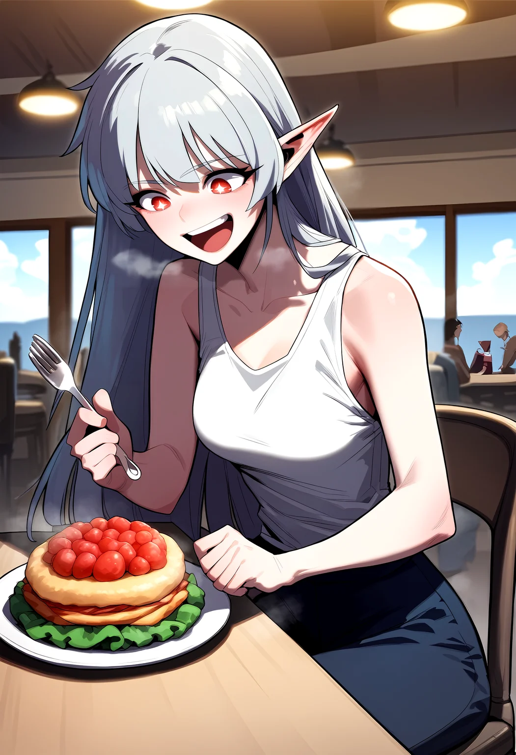 score_9, score_8_up, score_7_up, score_6_up, source_anime, rating_explicit, <lora:neg4all_bdsqlsz_V3.5:2.0>1girl, (solo:1.1), medium breasts, <lora:Alice von Ataraxia youngponyxl:1> long hair, red eyes, grey hair, white hair, pointy ears, white tank top, smile, laugh, open mouth, Narrow shoulders, heavy breathing, steaming body, cafe, indoors, looking down, sparkling eyes, table, on chair, sitting, (food:1.1), holding fork