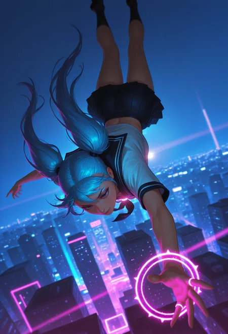 anninov2-illu, jeremy_anninos, digital_painting_\(artwork\), acrylicstroke,
masterpiece, best quality, highly detailed, ultra-detailed, dynamic angle, cinematic lighting, dramatic lighting, cityscape, night city, futuristic city, glowing lights, neon lights, 1girl, blue hair, long hair, twintails, sailor uniform, school uniform, reaching out, falling, floating, ring, magic ring, light rays, lens flare, surreal, sci-fi, urban fantasy, beautiful scenery, intense atmosphere, (depth of field:1.3), blurry background, dynamic pose