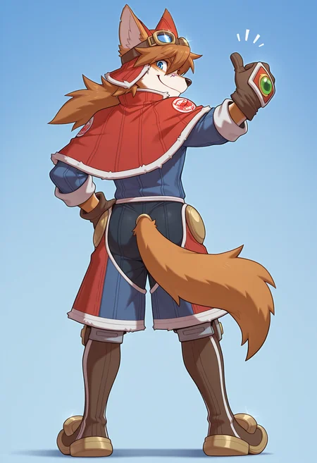 masterpiece,best quality,amazing quality, RedSav, 1boy, standing, furry male, solo, standing, full body, smile, two-tone fur, brown hair, dog ears, animal nose, blue eyes, dog tail, scar on face, redattire, red headwear, goggles on headwear, capelet, shoulder patch, (green gemstone:0.7), very long sleeves, boots, gloves, from behind, looking back, looking at viewer, tail through clothes, hand up, outstretched arm, thumbs up, blue background, gradient background