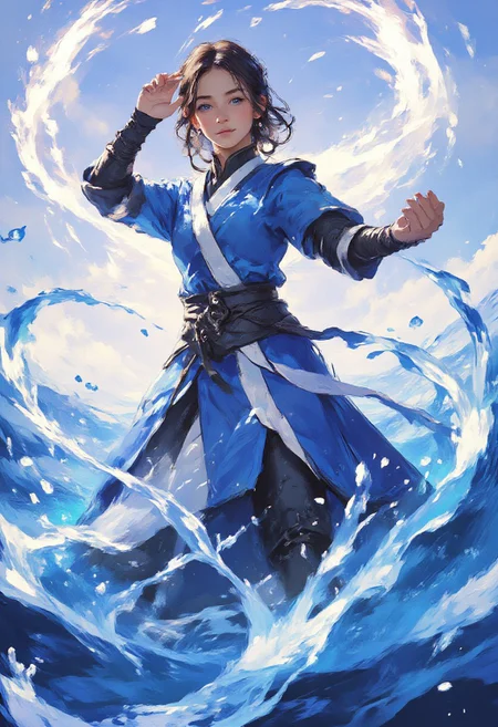 This is a digital drawing in a stylized, semi-realistic anime-inspired art style. The scene depicts Katara, a young woman with a warm, inviting smile
Katara has light brown skin and light blue eyes. Her hair is brown. She is looking directly at the viewer, stands in the water,
She is dressed in a traditional blue robe with a white sash tied around the waist, digital illustration, DreamArt, A powerful and graceful waterbending heroine, an alluring vixen, inspired by Katara from the Avatar series,She stands in a dynamic action pose, surrounded by swirling gusts of water, The setting features vibrant skies, with the wind creating intricate patterns in the air around her, emphasizing her connection to nature and the elements