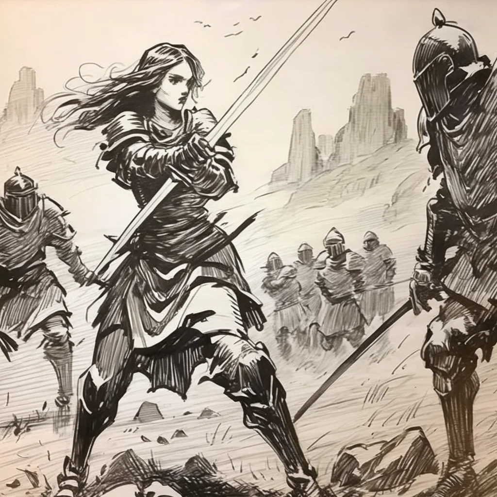 drawix6 young warrior girl with a sword on the battlefield with fighting knights in the background, black ink <lora:drawix6:1>