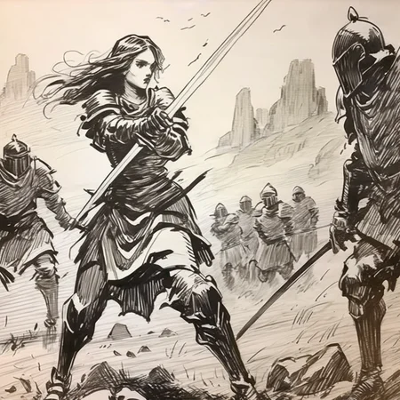 drawix6 young warrior girl with a sword on the battlefield with fighting knights in the background, black ink <lora:drawix6:1>