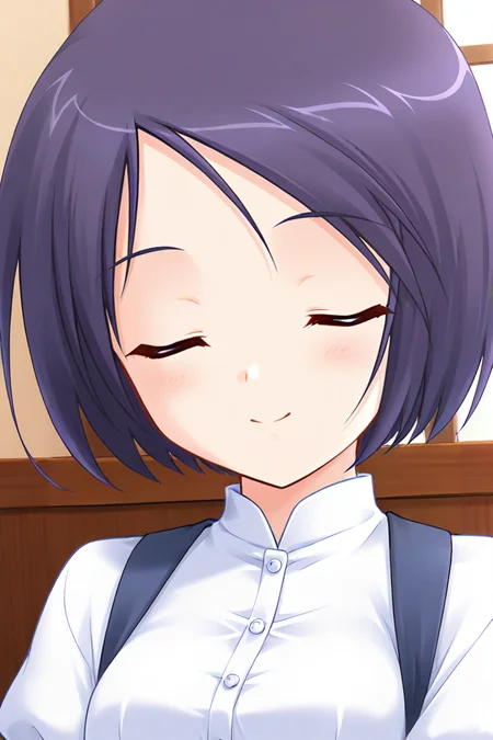 masterpiece, best quality, absurdres, official art, official style, rating general BREAK <lora:katsurazawahonami_IL_v1-2:0.7>, katsurazawa honami, 1girl, solo, purple eyes, purple hair, short hair, bob cut, parted bangs, swept bangs, small breasts BREAK casual, blouse, white shirt, dress shirt, collared shirt, underbust, buttons, juliet sleeves, blue dress, blue corset, cross-laced corset, standing, portrait, close-up, indoors, cafe,
blush, ^ ^, closed eyes, closed mouth, facing viewer, proud