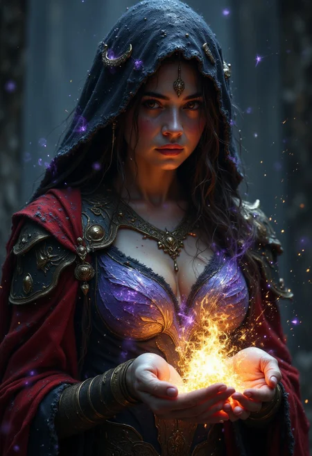In a realm of fantasy illuminated by the radiant glow of elemental magic, stands an ethereal goddess draped in flowing red and gold, embodying divine beauty. Her wings shimmer with swirling patterns of glowing energy, their essence intertwining with her aura that sparkles like a thousand jewels as it reflects the world around her. In front of her is a portrait depicting fantastical creatures, each one adorned with feathers that glitter under the spotlighted light. The scene is bathed in a serene, yet majestic glow, emphasizing the majesty and divine grace of this celestial being as she gazes out into an epic landscape, surrounded by the wonders nature has to offer.