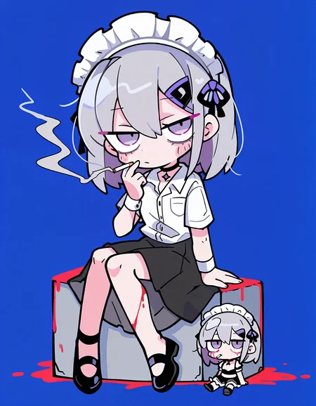 masterpiece, best quality, newest, highres, absurdres, <lora:terad4_style:1>, terad4_illu, 1girl, cigarette, solo, maid headdress, holding cigarette, smoke, smoking, blood, purple eyes, chibi, shirt, skirt, sitting, blue background, maid, white shirt, choker, looking at viewer, hair ornament, black footwear
