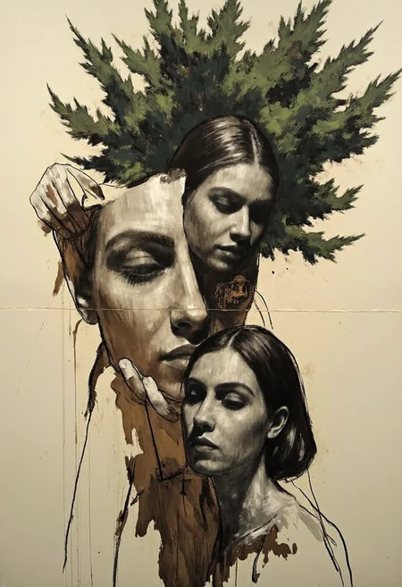 Create a cubist interpretation of a woman and tree, fracturing the forms into geometric planes and showcasing multiple perspectives simultaneously. Employ a limited color palette of earthy browns, muted greens, and stark blacks. The composition should feel dynamic and fragmented, challenging conventional notions of space and perspective while maintaining a sense of underlying structure. ,<lora:flux/fav/Mark_Demsteader.safetensors:1.0:1.0>
