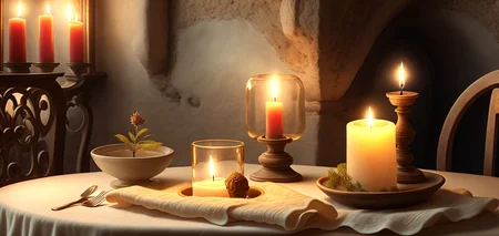 wax candles, in a cement candlestick, stand on a napkin on the table, cozy atmosphere of Provence, ikea style