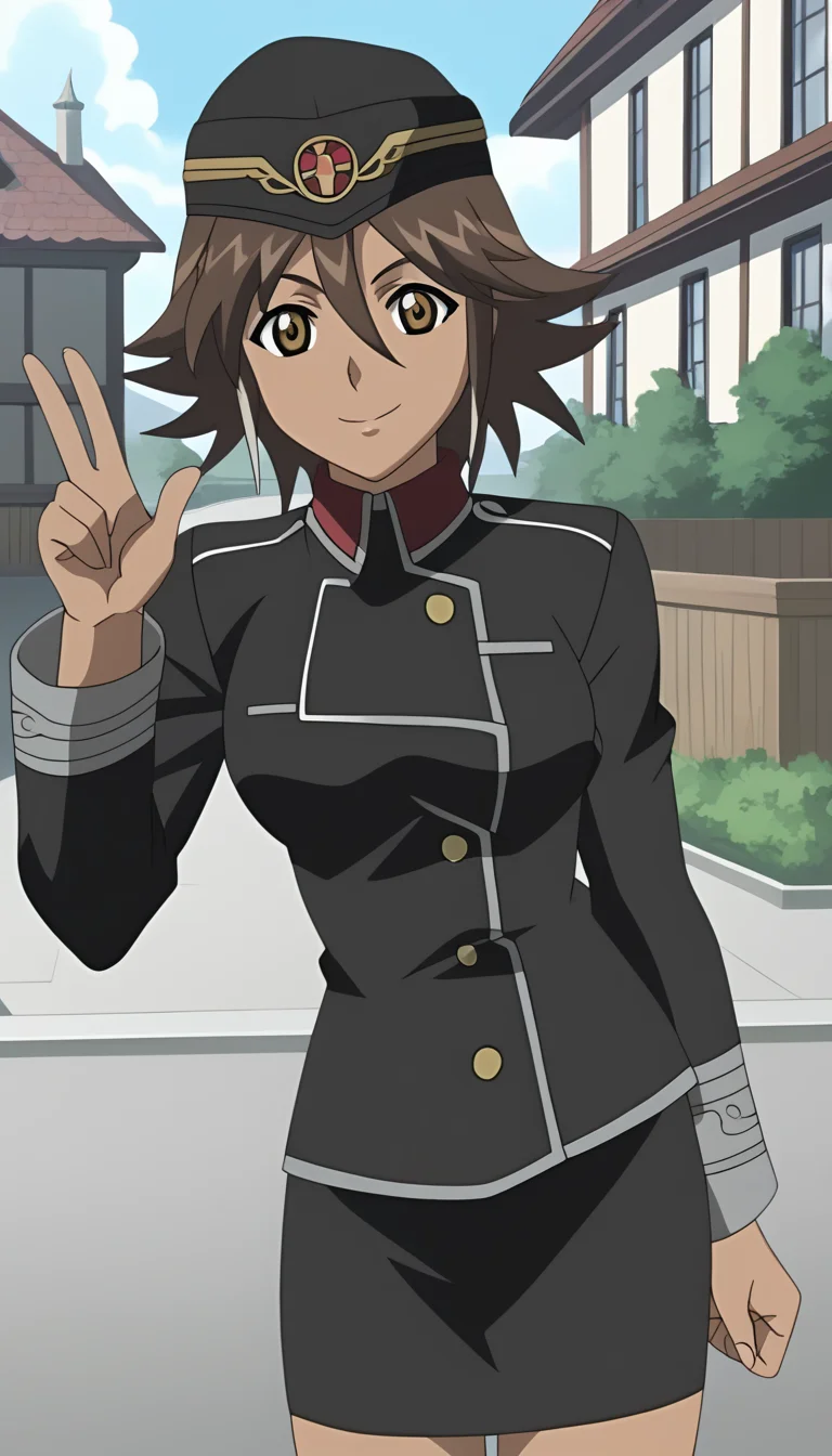 score_9, source_anime BREAK, oldest, anime screencap, outdoors, town, day, pose, <lora:CelicaYayoi(Pony)-6:1>CelicaYayoi, 1girl, solo, short hair, brown hair, hat, jewelry, buttons, yellow buttons, uniform, military uniform, multicolored uniform, collared uniform, long sleeves, dark skin, dark-skinned female, looking at viewer, black uniform, pencil skirt,