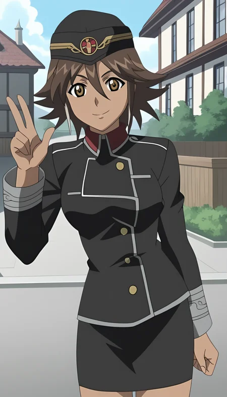 score_9, source_anime BREAK, oldest, anime screencap, outdoors, town, day, pose, <lora:CelicaYayoi(Pony)-6:1>CelicaYayoi, 1girl, solo, short hair, brown hair, hat, jewelry, buttons, yellow buttons, uniform, military uniform, multicolored uniform, collared uniform, long sleeves, dark skin, dark-skinned female, looking at viewer, black uniform, pencil skirt,