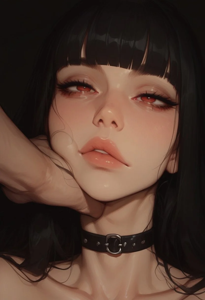 (score_9, score_8_up, score_7_up), 1girl, 20 years old, black hair, slim, straight hair, blunt bangs, hair over one eye, long hair, red eyes, choker, (bored eyes:0.9), scornful look, face, neck, portrait, close up, extreme closeup, black background,facegrab,light-skinned male