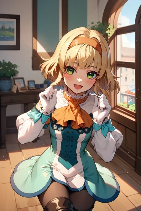 score_9, score_8_up, score_7_up, very aesthetic, source_anime, detailed, high quality, beautiful, masterpiece, detailed eyes,
<lora:lightXL:0.8>
room, indoor, light beams,
<lora:action-sdxl-V0.5:1>zdyna_pose
pov,
light smile, blush, open mouth, presenting gift,
<lora:natalia_autismConfetti_v02:0.99>
natalia \(tales\), blonde hair, short hair, green eyes, bangs, hairband,
dress, ascot, orange ascot, frills, thigh boots, pantyhose, frilled collar, white gloves, wrist bow,, zPDXL
