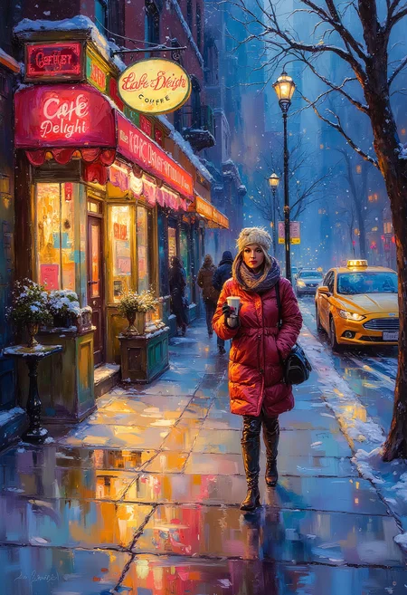 Impasto Painting, A woman wearing glowing winter clothes holding hot coffee walking in front of a Coffee Shop named "Cafe Delight" on a snow night, a taxi, people walking, in the Bronx, night, colorful, contrasting colors, award winning painting, vibrant glow