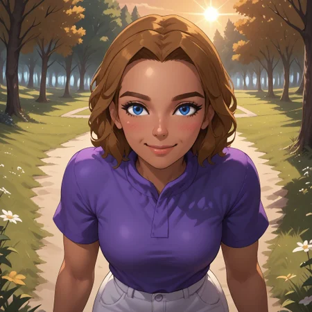 score_9, score_8, BREAK, solo, wii, mii, wii sports, 1girl, female mii, dark blonde hair, blue eyes, brown eyebrows, blush, purple clothing, white pants, shoes, breasts, nintendo mii, modern_mii, classic_mii, Alice_(Wii_Sports), cute, dark skin, dark skin female, sexy pose, self portrait, smile, outdoors, sunlight, shadows, evening lighting, natural lighting, forest, trees, grass, orange sky, sunset
