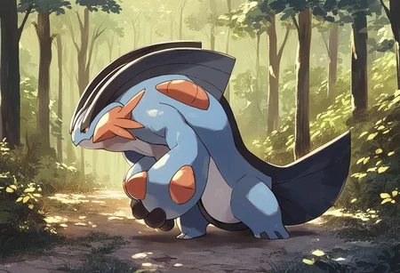 Score_7_up, score_8_up, from front, full body, source_anime,
BREAK,
MegaSwampert, pokemon (creature), standing upright, blue skin, orange body parts, closed mouth, half open eyes,
Outdoors,