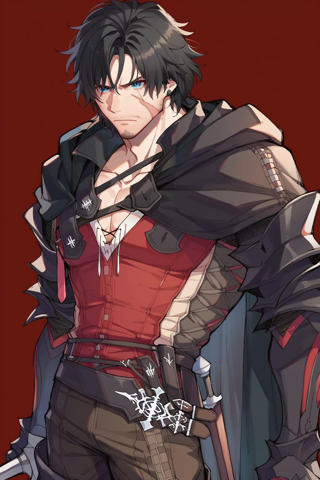 score_9, score_8_up, score_7_up, score_6_up, score_5_up, score_4_up, BREAK source_anime,explicit,
edgClive,scar on face, simple background, closed mouth, weapon, belt, sword, cape, armor, red background
 <lora:edgCliveRosfieldPony:1>