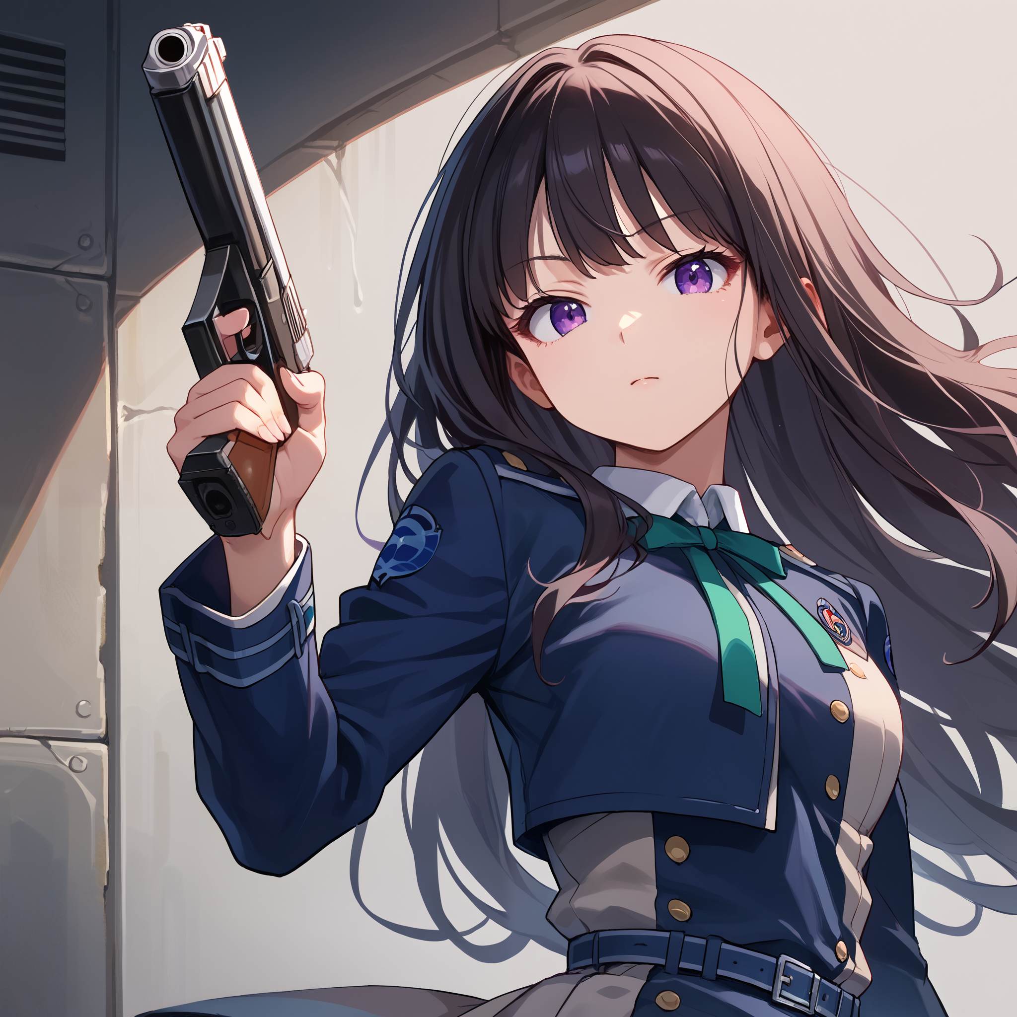 score_9, score_8_up, score_7_up, score_6_up, score_5_up, score_4_up, BREAK source_anime, look at viewer, rating_safe, 1girl, solo, holding gun, handgun, masterpiece, best quality, high detailed skin,  inoue takina, takina def, long hair, black hair, purple eyes, lycoris uniform, long sleeves, green neck ribbon, blue belt,