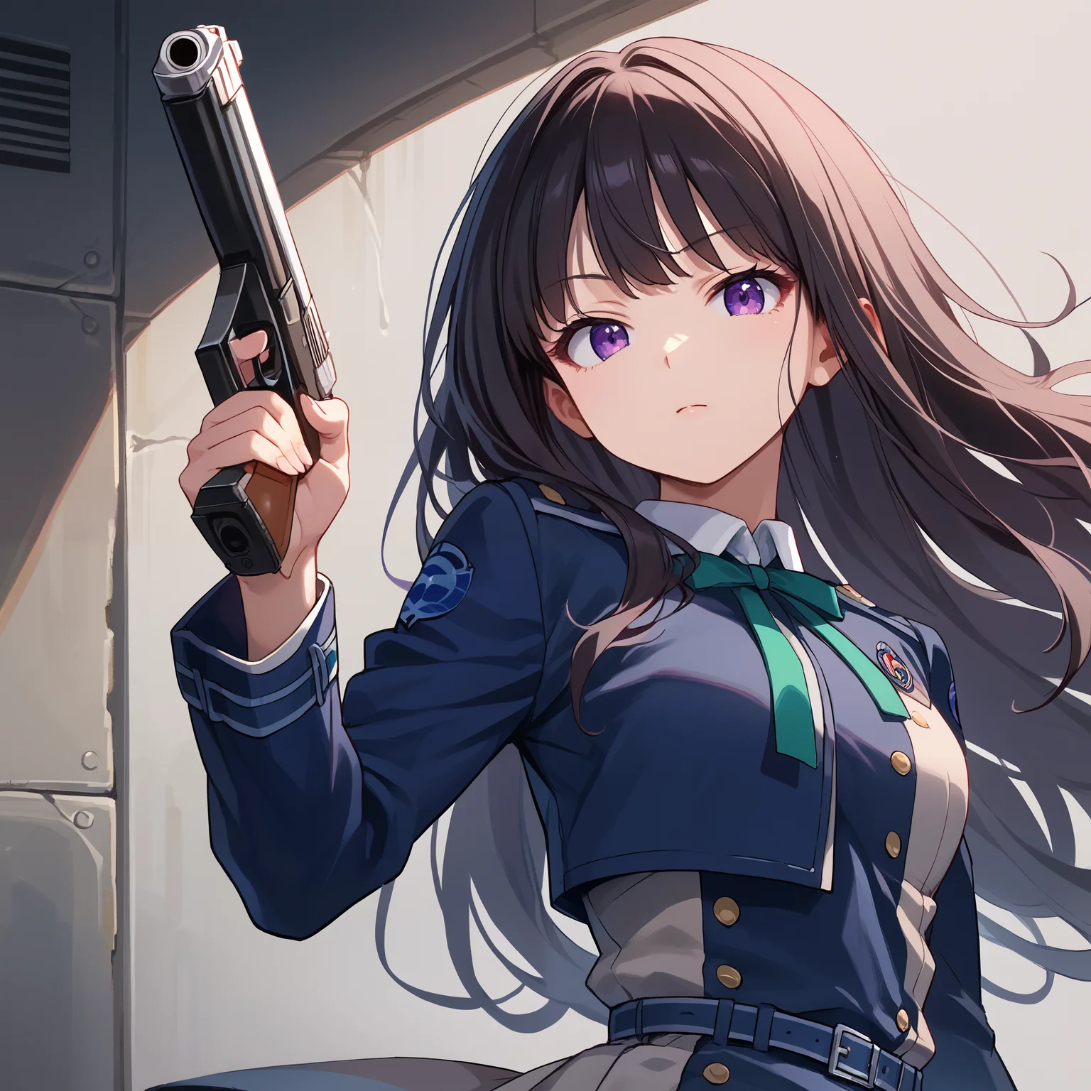 score_9, score_8_up, score_7_up, score_6_up, score_5_up, score_4_up, BREAK source_anime, look at viewer, rating_safe, 1girl, solo, holding gun, handgun, masterpiece, best quality, high detailed skin, inoue takina, takina def, long hair, black hair, purple eyes, lycoris uniform, long sleeves, green neck ribbon, blue belt,