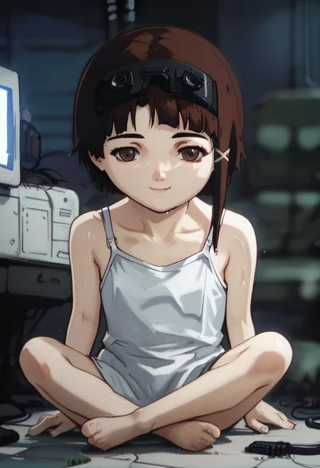 score_9, score_8_up, score_7_up, score_6, source_anime, lain, (((wearing vr headset)), sitting leaning back on chair, chibi, kawaii, (((daydreaming))), white camisole, smile, dark computer room, watercooling systems, computer screens, computer room, computers, computer cables, network cables, lain's bedroom, low light, pitch dark, dark night, dark ambiance, puddles, wet floor