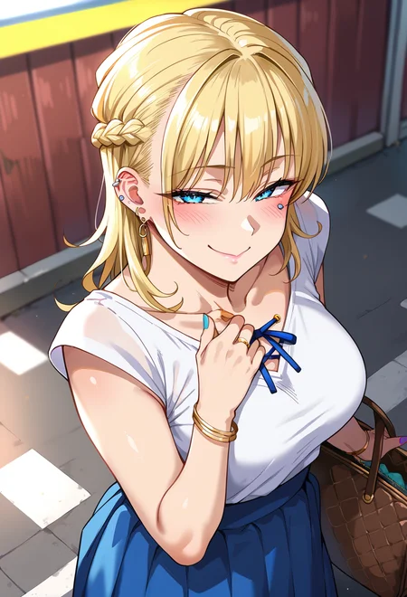score_9, score_8_up, score_7_up, source_anime, 1girl, solo, absolutely resolution, upper body,
<lora:bachiboko_piercing_ojousama_v1-rev3:0.9> bachiboko_piercing_ojousama, blonde hair, blue eyes, large breasts, half-closed eyes,
blue long skirt, Plunging neckline shirt, short sleeves,
anti-eyebrow piercings , blue ribbon piercing, neck piercing, nail polish,
blush, kindly smile, embarrassed, closed mouth,
from side, from front, from from above, looking at viewer,
handbag,
street,