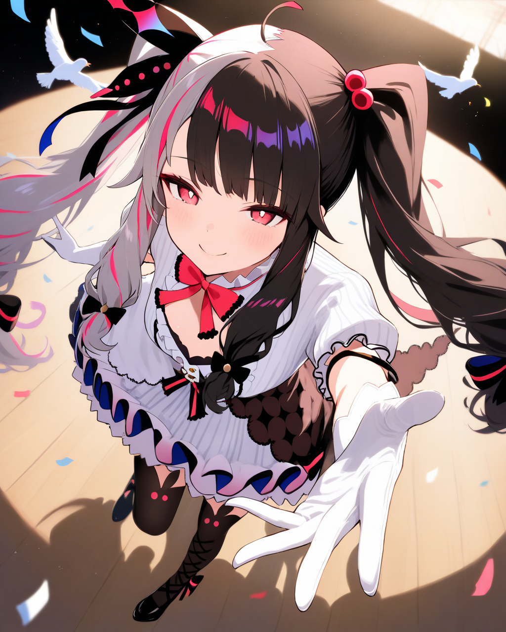 1girl,
YorumiRenaNijisanji,
YorumiRenaNijisanji1stCostume,
safe, solo, perspective, dutch angle, from above,
twintails, two-tone hair, beautiful eyes, smile,
reaching, bird, feathers,
white gloves,
dynamic pose,
stage, confetti, spotlight,
depth of field,
<lora:kp_YorumiRenaNijisanjiAnimagineXL_v1_1:1.0>
masterpiece, high score, great score, absurdres