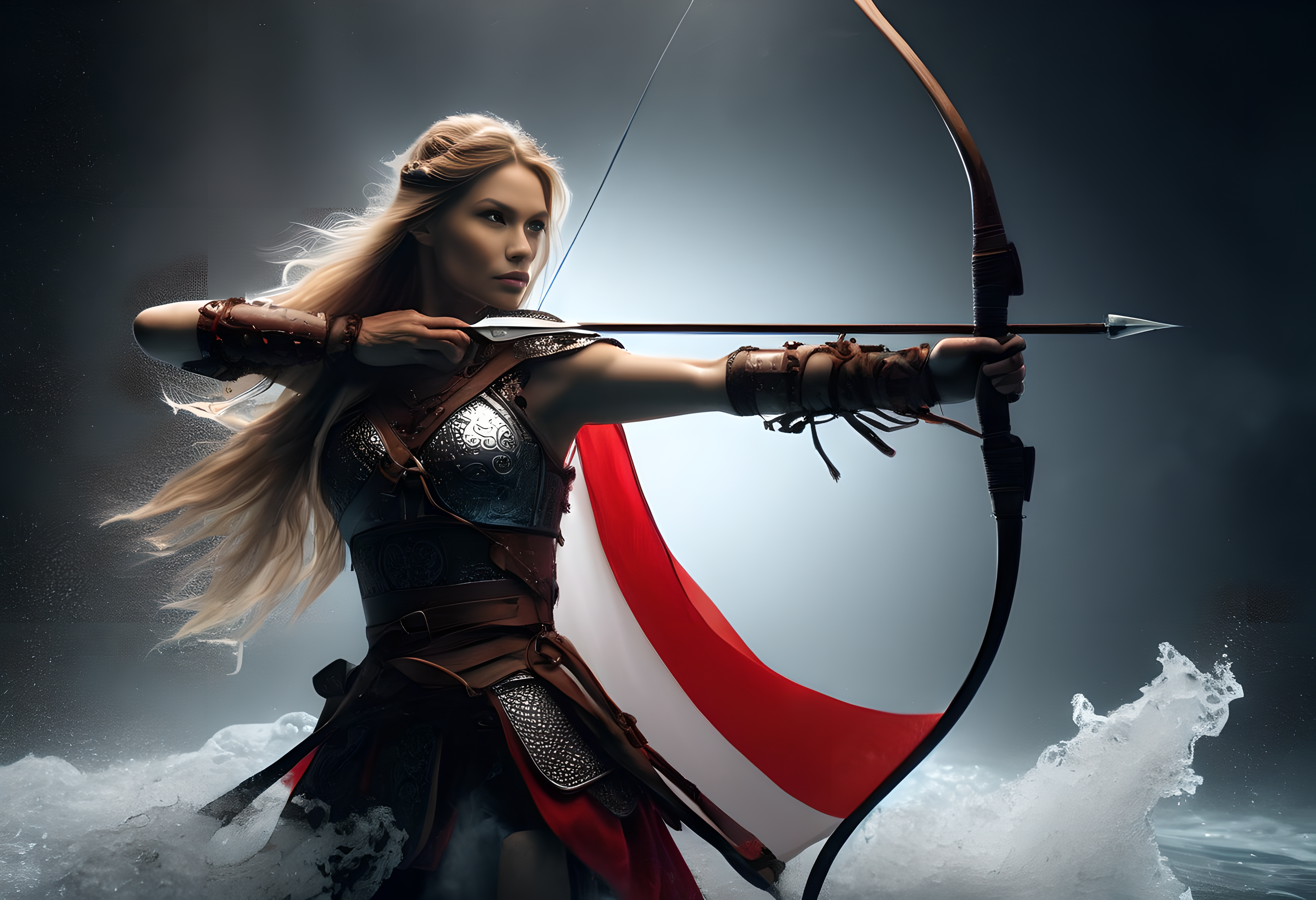 a beautiful polish archer jumping out of the water wrapped in the polish flag. in one hand she holds a royal scimitar sword, on her shoulder a pukler with an emblem, inkpunk style,thematic background, side light, rim lighting, studio lighting, ultra quality, sharp focus, film grain, Fujifilm XT3, highly detailed glossy eyes, high detailed skin, skin pores, winter, snowing,
dark fantasy, romantic,dynamic fighting pose,,natural pose, dark fantasy style, raw, uhd, dslr, em 80mm, dslr, hdr, , cinematic shot, dark fantasy, style,raw photo, glowing neon fog, dslr, raw, 16k UHD,
 <lora:sdxl_lora_archer:0.9>  <lora:PerfectEyesXL:0.8> perfecteyes