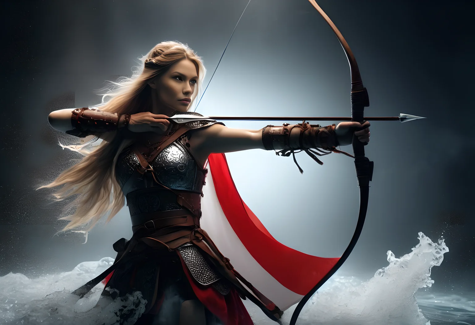 a beautiful polish archer jumping out of the water wrapped in the polish flag. in one hand she holds a royal scimitar sword, on her shoulder a pukler with an emblem, inkpunk style,thematic background, side light, rim lighting, studio lighting, ultra quality, sharp focus, film grain, Fujifilm XT3, highly detailed glossy eyes, high detailed skin, skin pores, winter, snowing,
dark fantasy, romantic,dynamic fighting pose,,natural pose, dark fantasy style, raw, uhd, dslr, em 80mm, dslr, hdr, , cinematic shot, dark fantasy, style,raw photo, glowing neon fog, dslr, raw, 16k UHD,
<lora:sdxl_lora_archer:0.9> <lora:PerfectEyesXL:0.8> perfecteyes