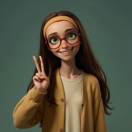 score_9, score_8_up, score_7_up, score_6_up, score_5_up, score_4_up, rating_questionable, 1girl, Hon_Lem, Glasses, smiling, skinny, tall, small saggy breasts, skinny, Peace signs, slouching, long hair, green eyes