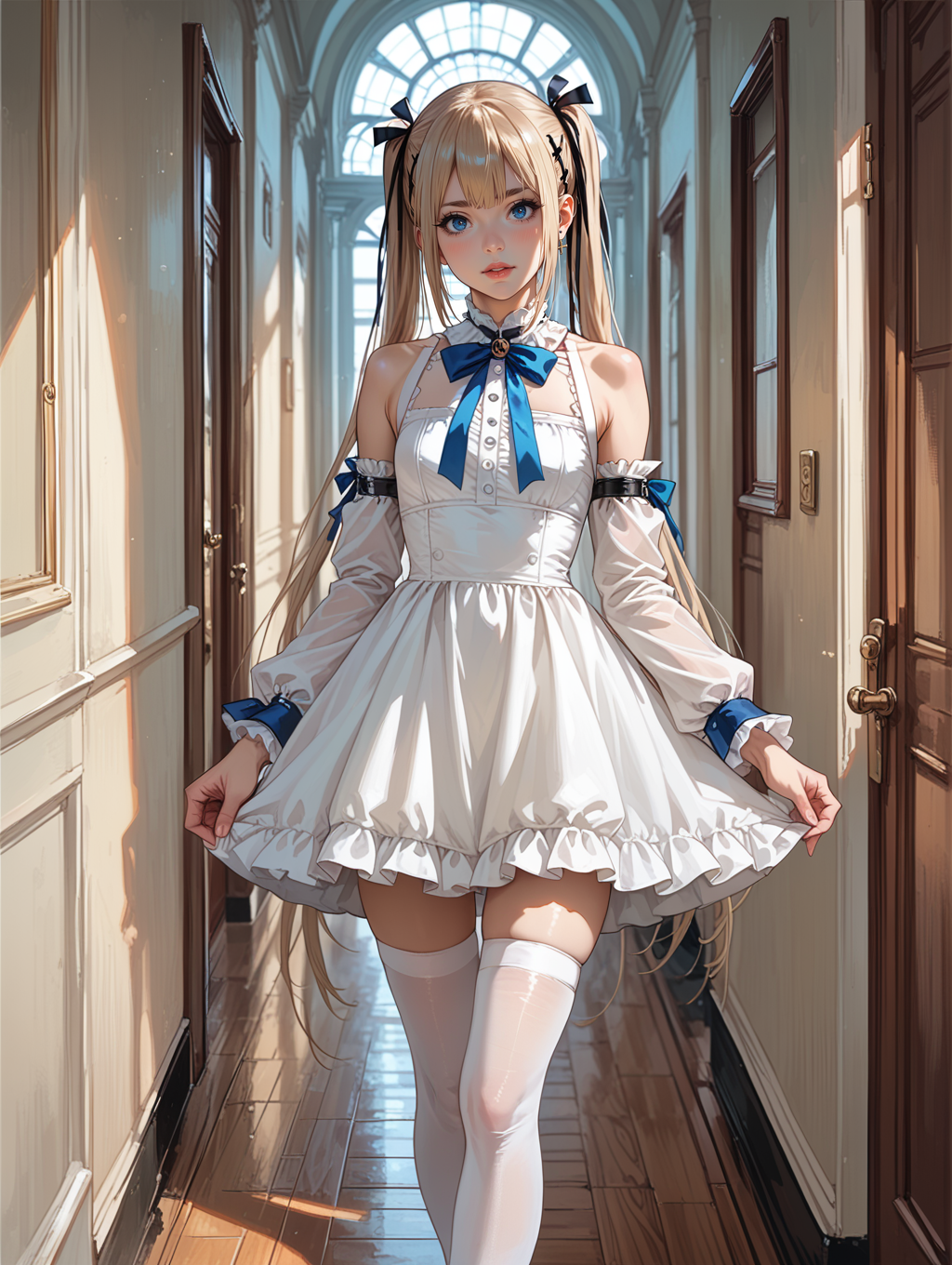 score_9, score_8_up, score_7_up,source_anime, 
marie rose, white dress, blue ribbons, white thighhighs, ornate, hallway,