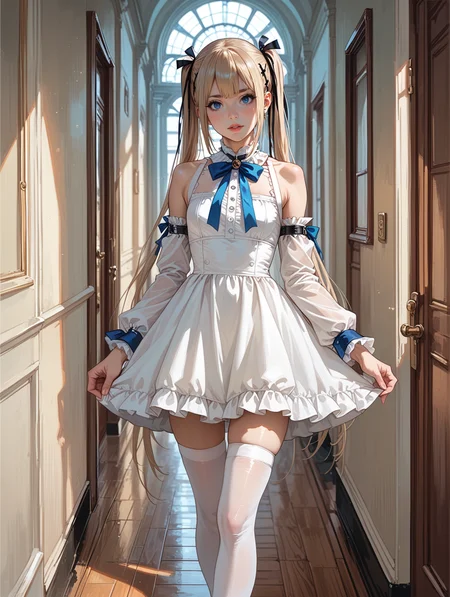 score_9, score_8_up, score_7_up,source_anime,
marie rose, white dress, blue ribbons, white thighhighs, ornate, hallway,