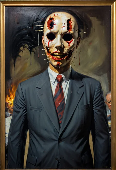 Oil painting on canvas, 1940s masterwork titled My head is slicing into enigmatic sections, and my primary symptom is that I have no face, but I must see. The subject of the painting is a businessman, a psychopathic expression of American disdain, their face expressively pained intermingled with notes of confusion, and despite the psychopathic business suit dressing, one can't help but feel empathy towards this central character, the mask taking on a reflection of our own internal unrecognized pain. Internationally recognized oil painting by The Master, sold at auction for 23 million USD.
