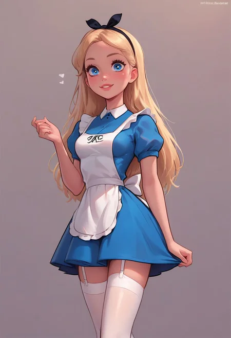 score_9, score_8_up, score_7_up, score_6_up, score_5_up, score_4_up, Alice in wonderland, AliceWaifu, looking down at viewer, 1 girl, petite body, small breasts, big eyes, seductive smile, looking at viewer, blue eyes, tight blue dress, white thighhighs and garter belt, view looking up skirt, apron, black hairband, blonde, kinky, adorable, petite, looking at viewer, round face, 18 years old, cutest girl in the world