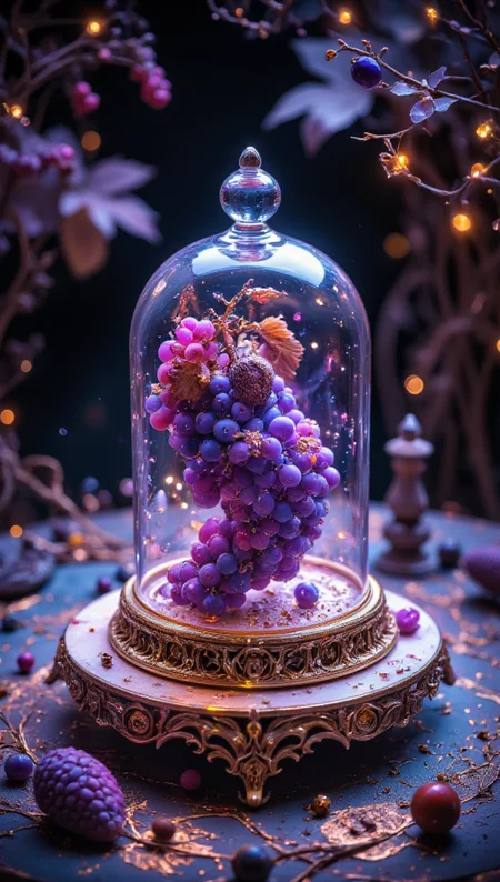 masterpiece, 4k, 8k, sharp, a Transparent glass cloche  with a juicy Grape inside. the light is cinematic. the style is contrasted, and cartoonish, 
detailmaximizer, Midjourney_Whisper <lora:[Flux1]_flux_vividizer:0.3> <lora:[Flux1]_scenery_lora_comfy_converted:0.8> <lora:[Flux1]_Opal_Fantasy_Flux:0.5> <lora:[Flux1]_aidmaPsychadelicChaosWorld-FLUX-v0.1:0.3> <lora:[Flux1]_aidmaImageUpgrader-FLUX-V0.1:0.7> <lora:[Flux1]_midjourney_whisper_flux_lora_v01:0.6> <lora:[Flux1]_SXZ_Nixeu_Flux:0.5> <lora:[Flux1]_Painted_World_Flux_V2:0.1> <lora:[Flux1]_ccc:0.2>