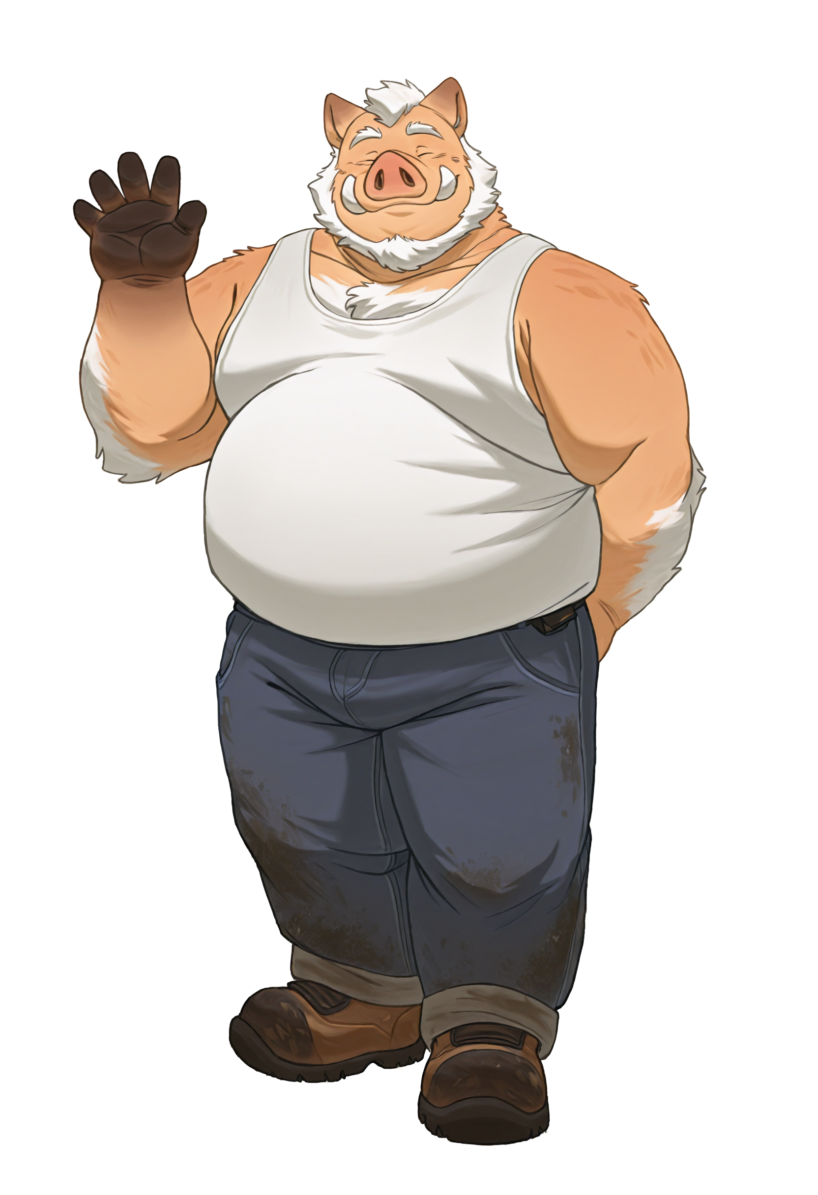 by hoggan, hoggan, 
anthro, furry,boar, chubby, mature male, body fur, white hair, bearded, white beard, (beige fur),
soft smile, closed eyes, waving hand, 
white tank, mechanic, jeans, dirty clothes, full body, white background,
((((single character)))):1
solo, solo, solo, solo,