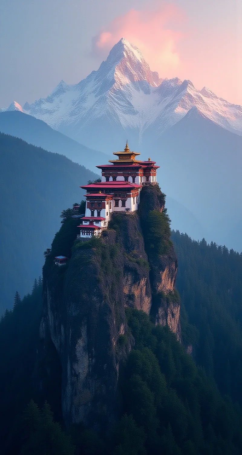 The sun has risen and casts its light on the Himalayan mountains. The Himalayan Tactslope has awakened, I return with the same fervor as before, my soul as joyful as ever. Joy surrounds me from every corner to see this impressive sight. The Himalayan Taktshang, better known as the Tiger's Nest, is spectacularly built into the cliffs of the Paro Valley in Bhutan. Tiger's Nest sits above the valley floor and clings to the mountain's steep granite cliffs. A dramatic view of the surrounding forests and mountains symbolizing spiritual elevation and isolation. A rich and complex oil painting of sounds, a living tapestry woven from the hues and textures captured by a digital mirrorless camera, Himalayan Taktshang, himalayan, Himalayan prayer flag, best quality, double exposure, realistic, whimsical, fantastic, splash art, intricate detailed, hyperdetailed, maximalist style, psychedelic, post-apocalyptic, photorealistic, concept art, sharp focus, harmony, serenity, tranquility, mysterious glow, 
ambient occlusion, halation, cozy ambient lighting, dynamic lighting,masterpiece, liiv1, linquivera, metix, mentixis, excellent composition, finest details, highest aesthetics, strong muted Highlighter Pink and Dazzling Blue hue, mystical glowing, best quality sharp focus, high contrast, stylized, clear, colorful, surreal, ultra quality, 8k, best quality, masterpiece, midjourneyv6.1