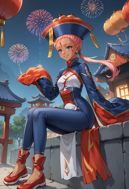 score_9, score_8_up, score_7_up, 1girl, sitting, knees up, smile, from side, looking up, <lora:EnaFE-pdxl:1> halEna, dark-skinned female, pink hair, low ponytail, forehead mark, facial mark, blue eyes, pointy ears, earrings, qingdai guanmao, ofuda, chinese clothes, wide sleeves, sleeves past fingers, pelvic curtain, blue leggings, shoes, red footwear, night, fireworks, tree