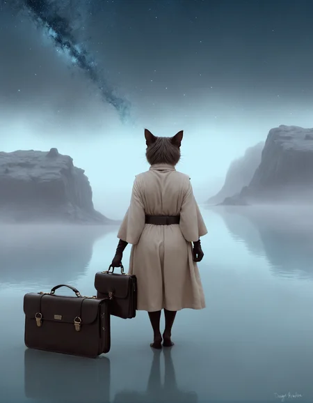 art by Doug Hyde, elegant, Rule of Thirds, Wet Aunt, Unforgettable hair styled as French twist, Cossack Briefcase, Fitness Tracker, Tatooine in background, lush lake, Stars in the sky, Sketch, Confused, CMYK Colors, "The fog comes on little cat feet.", High Fantasy Art Magical mythical enchanted epic enigmatic spellbinding