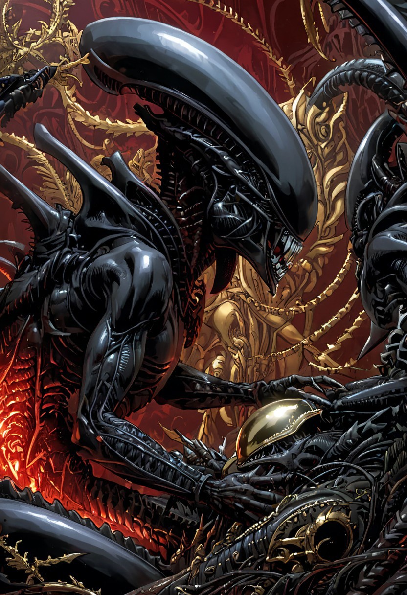 An insanely Detailed Divine Xenomorph, Golden and silver in color, cyberpunk, a crimson tinge to the golden color, Hyperdetailed, Omnipresent, Beautiful, Sinister overtones, a clash of Good and Evil in the background promoting Golden silver and Crimson Blacks, otherworldly,