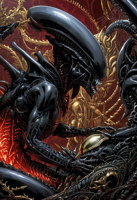 An insanely Detailed Divine Xenomorph, Golden and silver in color, cyberpunk, a crimson tinge to the golden color, Hyperdetailed, Omnipresent, Beautiful, Sinister overtones, a clash of Good and Evil in the background promoting Golden silver and Crimson Blacks, otherworldly,