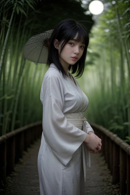 1girl, hyuuga hinata, purple eyes, white eyes, blunt bangs, black hair, hime cut, very large breasts, looking at viewer, fringe,konohagakure symbol, headband around neck ,solodynamic ink painting of a bamboo grove of japan, black and white,monochrome, great art, great sense of depth, ground level shot, the most beautiful bamboo grove in the world, bamboo leaves shining through rainwater, moon\(pale blue\) with a light overcast, beautiful woman\(ancient Japanese noble, beautiful kimono, beautiful long black hair\) looking up at the moon holding an umbrella,raining softly, fireflies flying around, bamboo leaves are placed three-dimensionally in the foreground, long distance shot
score_9, score_8_up, score_7_up, score_6_up, score_9, score_8_up, score_7_up, score_6_up, shot, <lora:sdxl_lightning_8step_lora:1> <lora:breasts++-PD-breast_bags-1.0:1> <lora:HerrscherAGGA2024_Polo_Shirt_V1:0.6> <lora:GirlfriendFNF_PDXL:0.8>